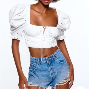 New Zara White Embroidered Eyelet Crop Top puff sleeve ruffle Square XS XSmall